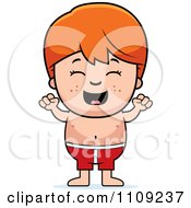 Cheering Red Haired Boy In Swim Trunks