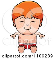 Poster, Art Print Of Happy Red Haired Boy Sitting In Swim Trunks