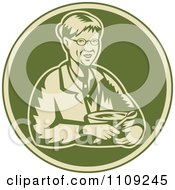 Poster, Art Print Of Retro Woodcut Granny Holding A Mixing Bowl In A Green Circle