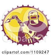 Clipart Retro Fabricator Holding A Welding Torch In A Yellow Oval Royalty Free Vector Illustration