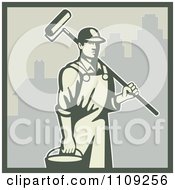 Clipart Retro House Painter Carrying A Bucket And Roller Brush In A City Royalty Free Vector Illustration