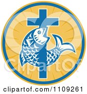 Poster, Art Print Of Retro Christian Fish And Cross In A Ray Circle