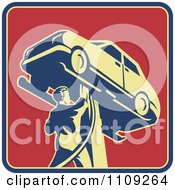 Poster, Art Print Of Retro Auto Mechanic Working On A Car On A Lift On A Red Square