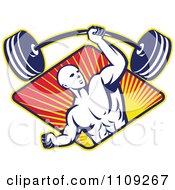 Poster, Art Print Of Retro Bodybuilder Lifting A Barbell With One Hand Over A Diamond Of Rays
