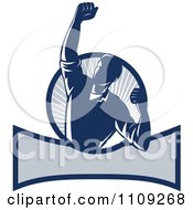 Clipart Retro Worker Pumping His Fist Over A Banner And Ray Circle Royalty Free Vector Illustration by patrimonio