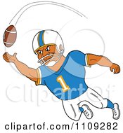 Poster, Art Print Of Black American Football Player Receiver In A Blue Jersey Catching A Ball