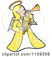 Poster, Art Print Of Blond Angel In Yellow Playing A Horn And Holding A Lyre
