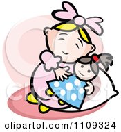 Poster, Art Print Of Happy Baby Playing With A Doll Over Pink