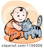 Poster, Art Print Of Happy Baby Petting A Cat Over Beige