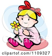 Poster, Art Print Of Happy Baby Playing With A Flower Over Blue