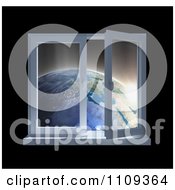 Poster, Art Print Of 3d Paneled Window Open With A View Of Earth At Sunrise