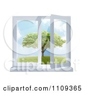 Poster, Art Print Of 3d Paneled Window Open With A View Of A Tree In A Meadow