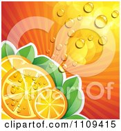 Poster, Art Print Of Background Of Juicy Orange Slices Over Rays And Leaves