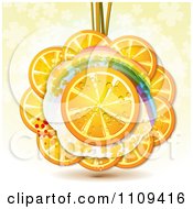 Clipart Juicy Orange Slice Under A Clover Rainbow On Other Clies Over Shamrocks On Yellow Royalty Free Vector Illustration by merlinul