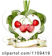 Poster, Art Print Of Bing Cherries On A Blossom Leaf Heart Over A Banner
