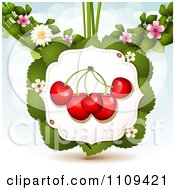 Poster, Art Print Of Bing Cherries On Leaves With Blossoms And Ladybugs Over Blue With Flares