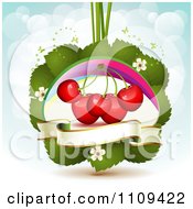 Clipart Bing Cherries On Leaves With Blossoms A Rainbow And Butterflies Over Blue With Flares Royalty Free Vector Illustration by merlinul