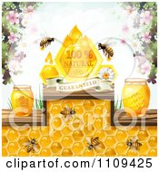 Poster, Art Print Of Honey Bees With Jars Blossoms And A Natural Guaranteed Banner