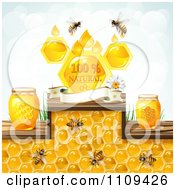 Honey Bees With Jars And A Natural Banner