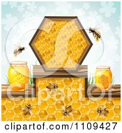 Poster, Art Print Of Honey Bees With Jars Over A Pattern Of Blue Clovers