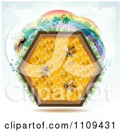 Poster, Art Print Of Honey Comb Hexagon With Bees And A Clover Rainbow On Blue