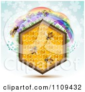Poster, Art Print Of Honeycomb Hexagon With Bees And A Clover Rainbow On Blue