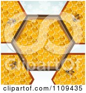 Poster, Art Print Of Bees On Honeycombs With A Hexagon Center Over Clovers