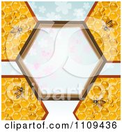 Poster, Art Print Of Bees On Honeycombs With A Hexagon Frame Over Clovers