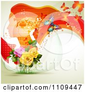 Poster, Art Print Of Background Of A Red Profiled Woman With Long Hair Butterflies And Roses