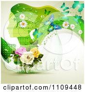 Poster, Art Print Of Background Of A Green Profiled Woman With Long Hair Butterflies And Roses