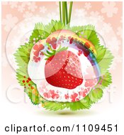 Poster, Art Print Of Strawberry With Shamrocks A Rainbow And Leaves Over Clovers On Pink