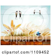 Poster, Art Print Of Butterfly Birds And Wheat Over A Brick Wall