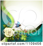 Poster, Art Print Of White Rose With Dew Clovers A Butterfly And Copyspace