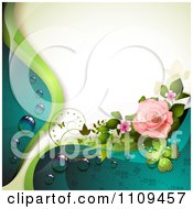 Poster, Art Print Of Pink Rose With Dew Clovers A Butterfly And Copyspace