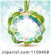 Clipart Dewy Rainbow Clover Butterfly Frame Over Leaves On Blue Royalty Free Vector Illustration