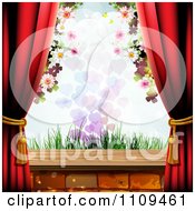 Clipart Red Curtains With A View Of Blossoms Hearts And Grass Royalty Free Vector Illustration