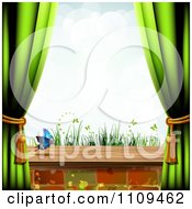 Clipart Green Curtains With A View Of Butterflies And Grass Royalty Free Vector Illustration