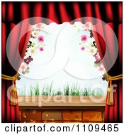 Clipart Red Curtains With A View Of Blossoms And Grass Royalty Free Vector Illustration