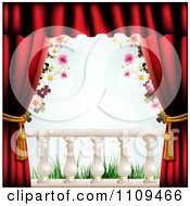 Clipart Red Curtains With A View Of Blossoms Columns And Grass Royalty Free Vector Illustration