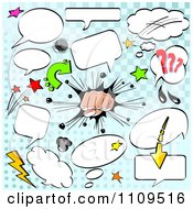 Clipart Comic Design Element Word Balloons And Icons On Blue Checkers Royalty Free Vector Illustration by Pushkin