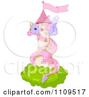 Cute Pink Dragon Guarding A Pink Fairy Tale Castle Tower