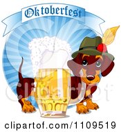 Poster, Art Print Of German Daschund Dog With A Pint Of Beer And Oktoberfest Banner On Blue Rays