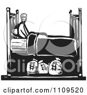 Clipart Man With Money Sacks Under His Bed Black And White Woodcut Royalty Free Vector Illustration