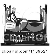 Man With Monsters Under His Bed Black And White Woodcut