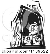 Poster, Art Print Of Girl Standing Outside A House With Money Bags Black And White Woodcut