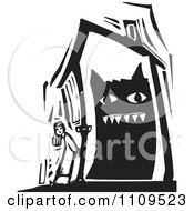 Clipart Girl Standing Outside A House With A Monster Inside Black And White Woodcut Royalty Free Vector Illustration by xunantunich #COLLC1109523-0119