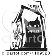 Poster, Art Print Of Girl Standing Outside A House With A Monster Inside Black And White Woodcut