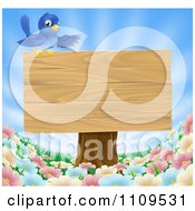 Poster, Art Print Of Happy Blue Bird Presenting A Wooden Sign Over Wild Flowers On A Sunny Day