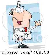 Clipart Happy Caucasian Male Doctor Holding A Syringe And Waving On Blue Royalty Free Vector Illustration by Hit Toon