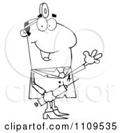 Clipart Happy Outlined Male Doctor Holding A Syringe And Waving Royalty Free Vector Illustration by Hit Toon